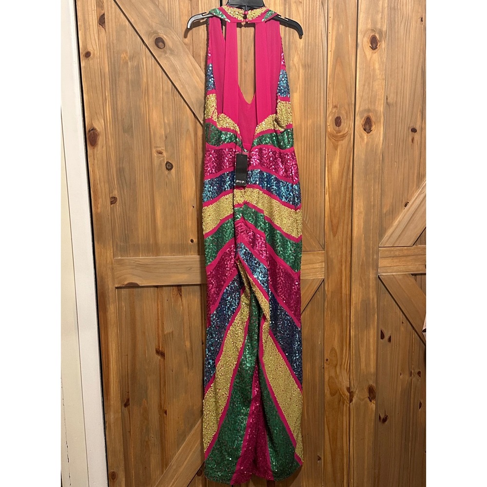 Nasty Gal Embellished Colour Block Plunge Jumpsuit Hot Pink Sequin Multi Size 8 - Picture 3 of 11